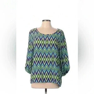 Ladies boho blouse in chevron/herringbone pattern Size small in blue purple